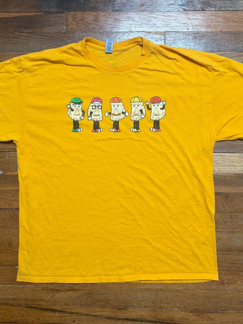 Mrs. T’s Pierogies Graphic Design T-Shirt Yellow Size XL Double Sided